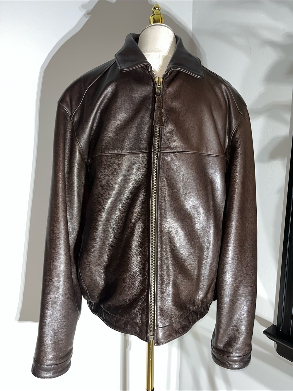 Men's Dark Brown Leather Bomber Jacket - Size L